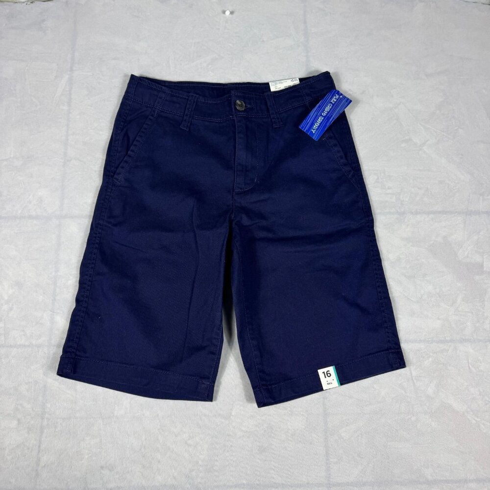 Arizona Flex Chino Shorts Girls Blue Flat Front Classic Slash Pocket Size 16 NWT